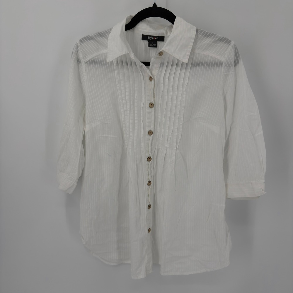 Style Co Womens White Pleated Button Up Shirt Size 8 Linen Blend 3/4 Sleeve